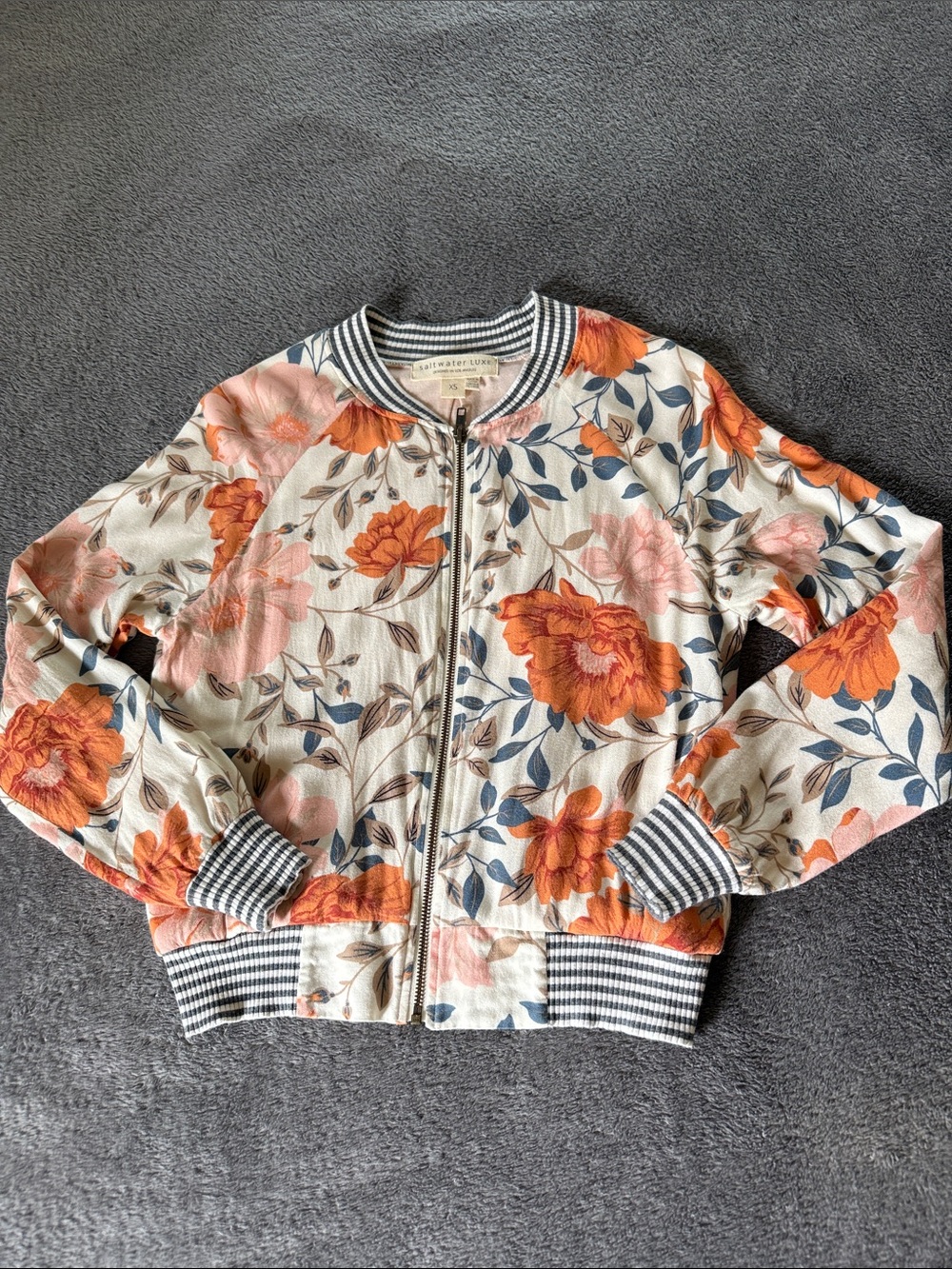 saltwater LUXE Cream Bomber Jacket with Orange Floral Print